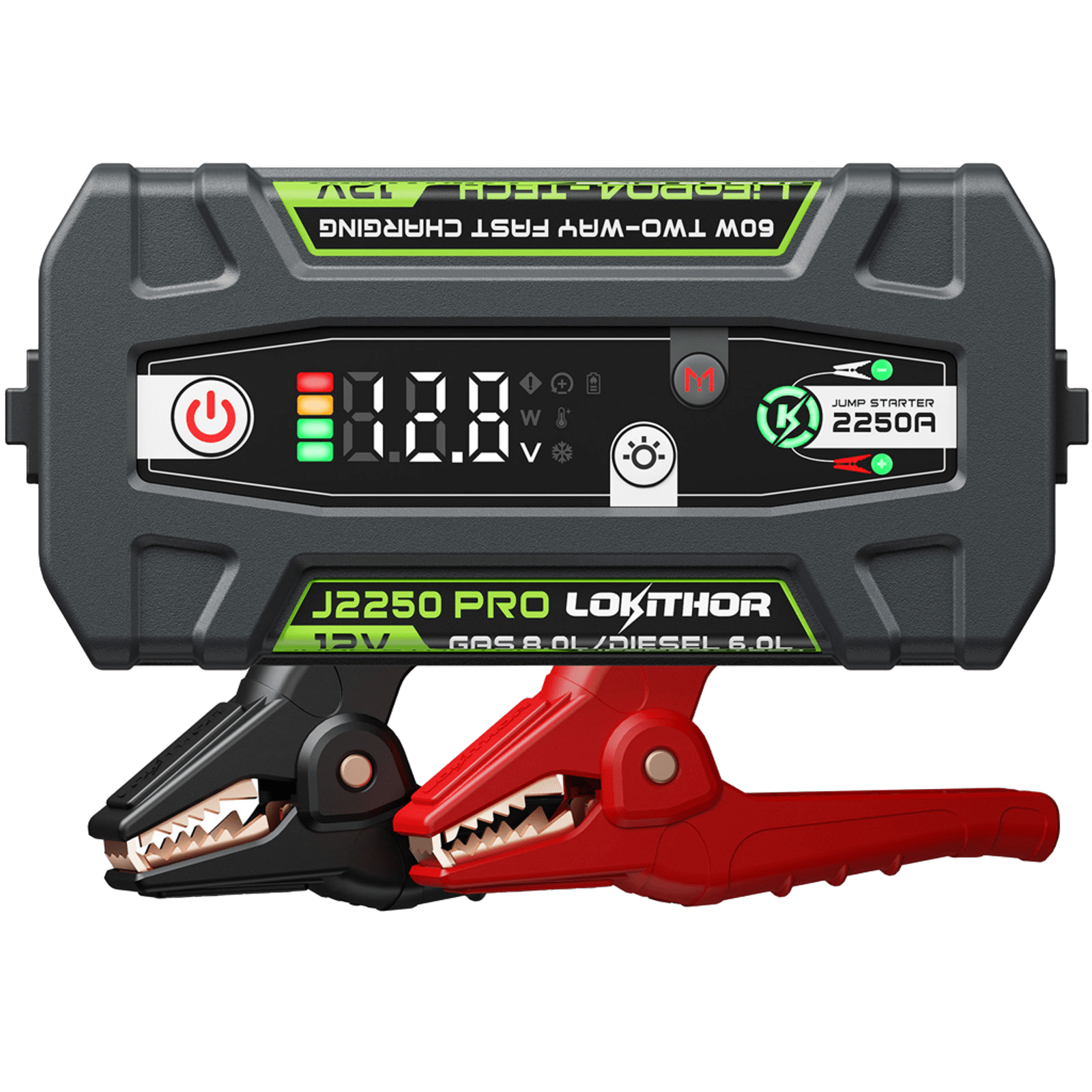 LOKITHOR J2250 PRO Jump Starter with 2250Amp peak current and digital display. Includes heavy-duty clamps for 8.0L gas and 6.0L diesel engines.