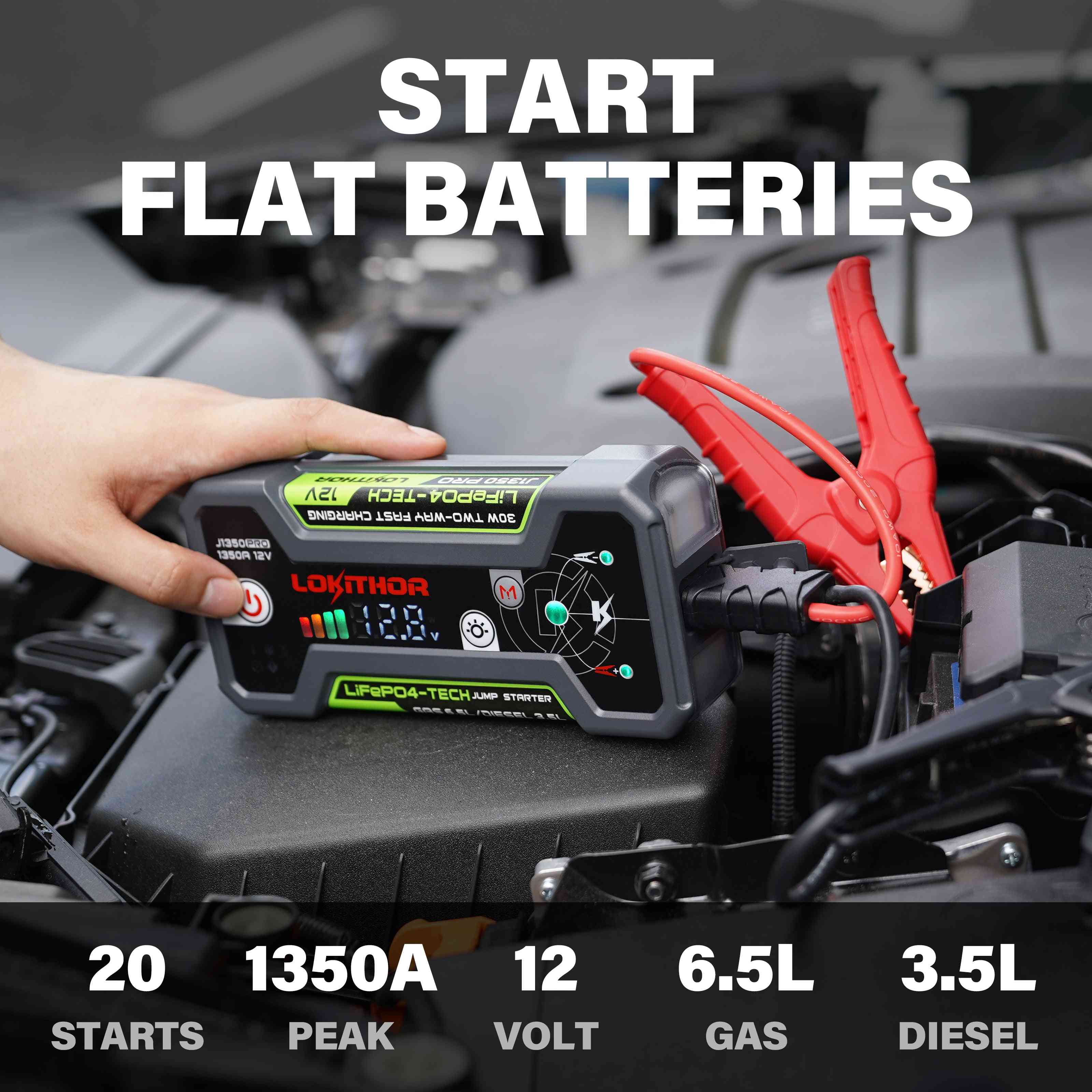 LOKITHOR J1350 Jump Starter in use on car battery