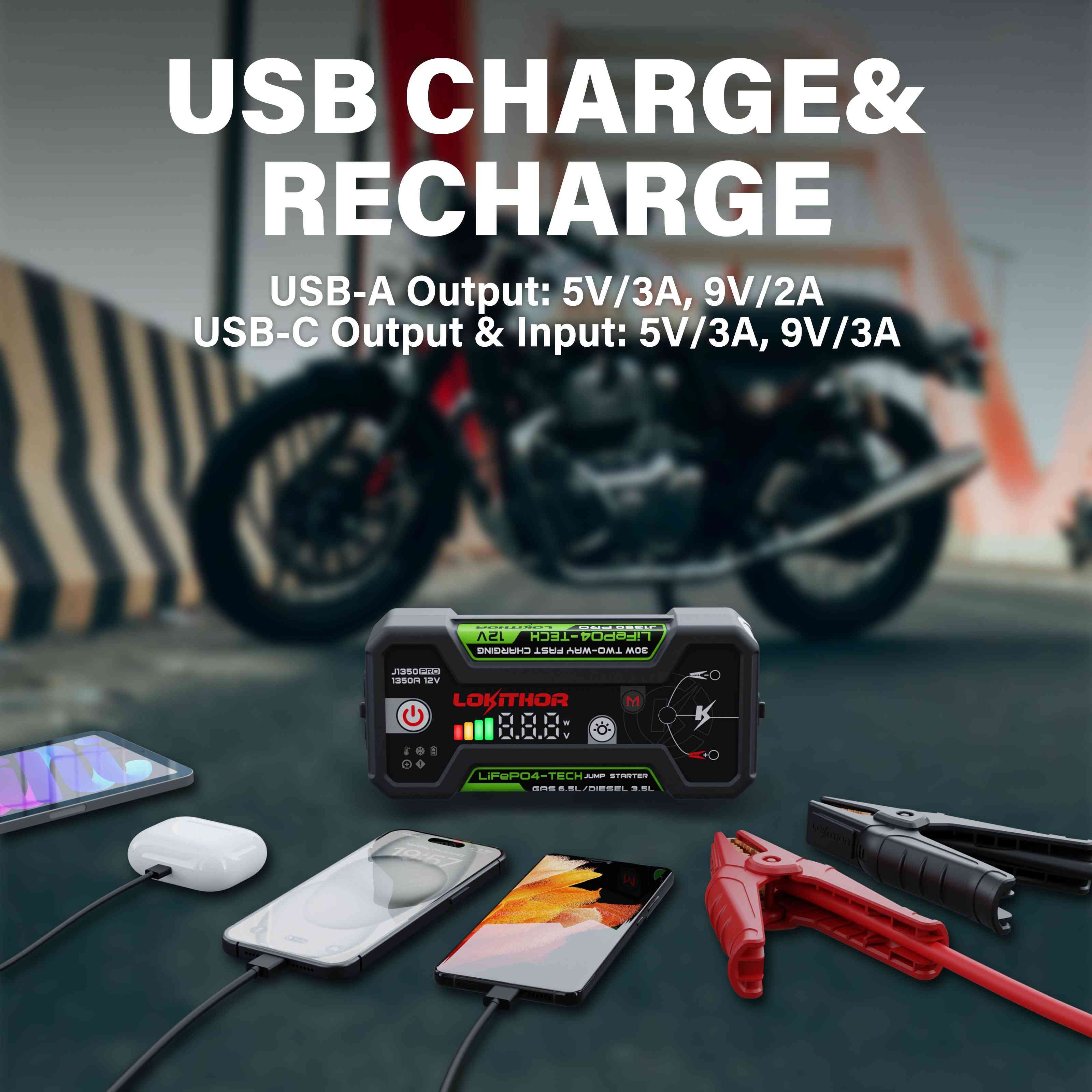 LOKITHOR J1350 Jump Starter USB charge and recharge